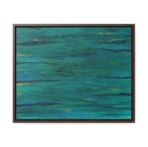  This abstract painting features a rich turquoise background with subtle variations and soft, wavy lines in darker blue and gold, evoking light on water. Framed in sleek black, it adds a calming touch, perfect for modern decor enthusiasts.